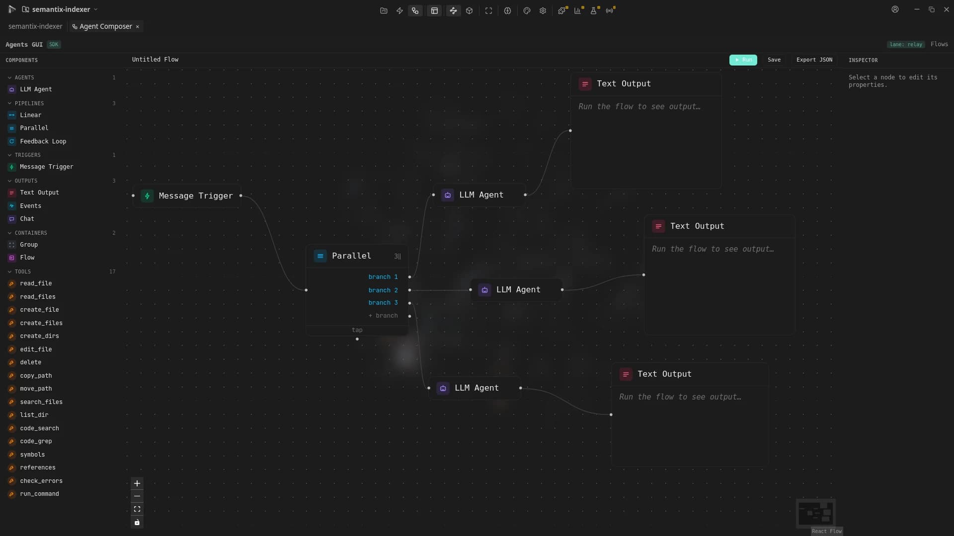 The Semantix Agent Composer: a component palette of agents, pipelines, triggers, outputs and tools on the left, and on the canvas a Message Trigger wired into a three-branch Parallel node, each branch running an LLM Agent into its own Text Output