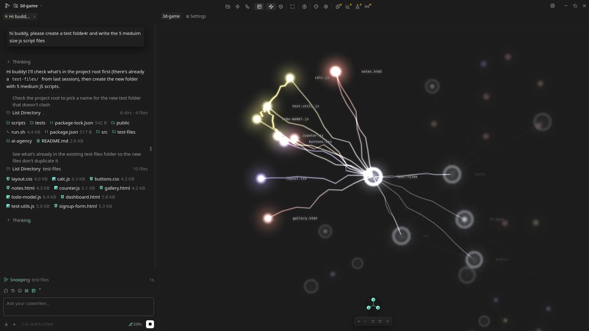 Semantix Studio as an agent starts a task: the chat lists the project's folders, and on the 3D graph the files it is reading glow with lit wires running to the test-files folder