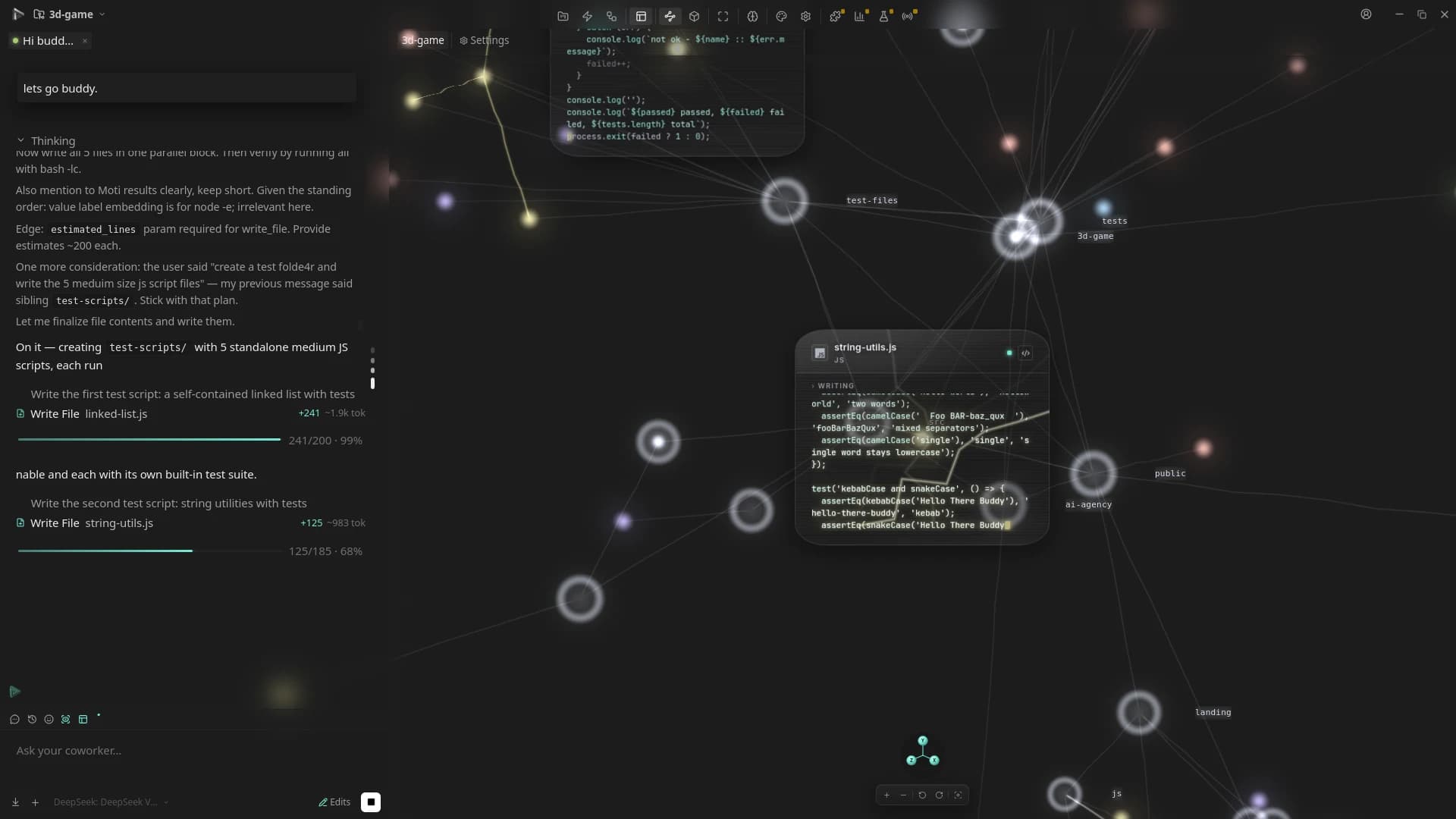 The same session a moment later: the chat streams two file writes with progress bars and token counts, and a card on string-utils.js in the graph shows the code being typed