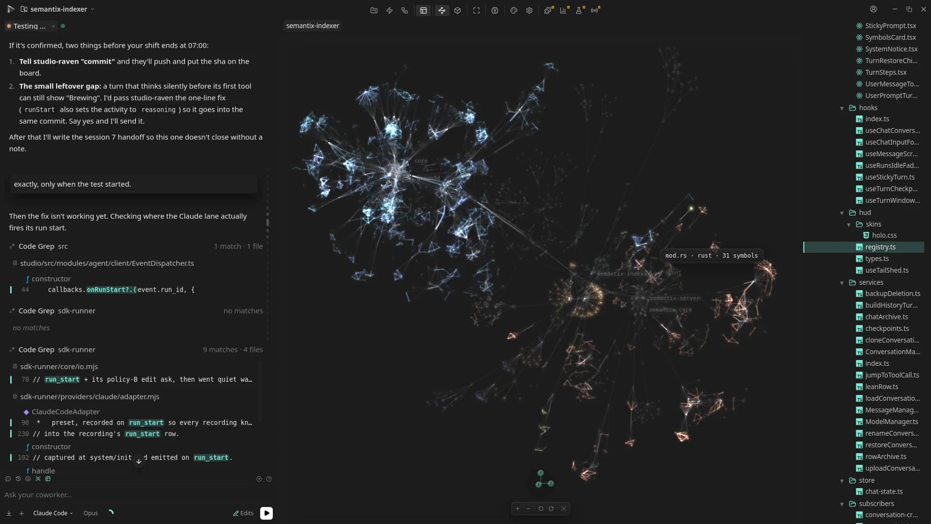 Semantix Studio mid-conversation: the coworker chat running code searches on the left, the codebase rendered as a living 3D graph in the centre, the file tree on the right