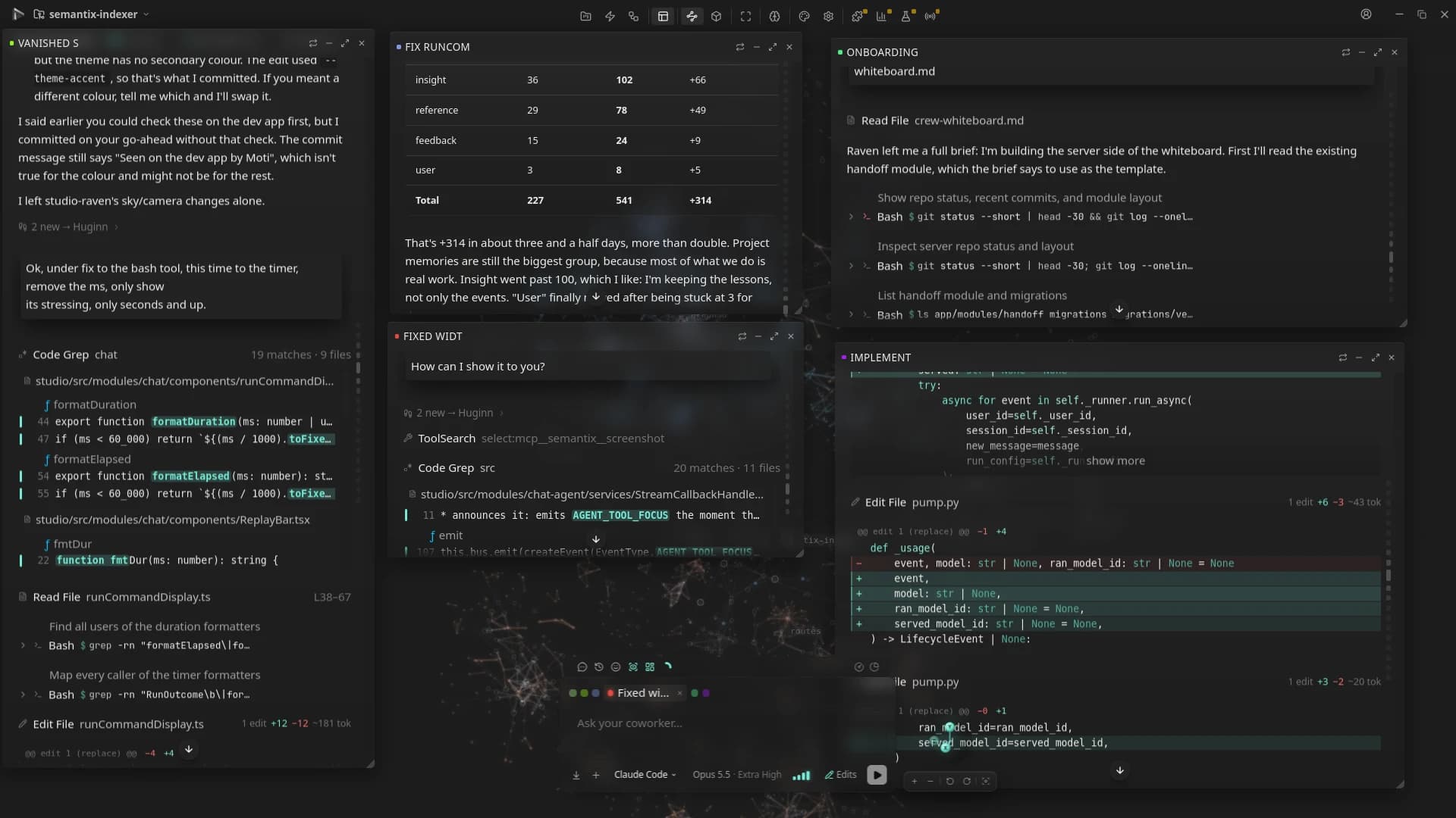 Semantix Studio with five agent chats open at once as floating windows over the code graph — one fixing a timer, one reviewing memory counts, one onboarding to a server repo, one fixing a width bug, one implementing a Python change