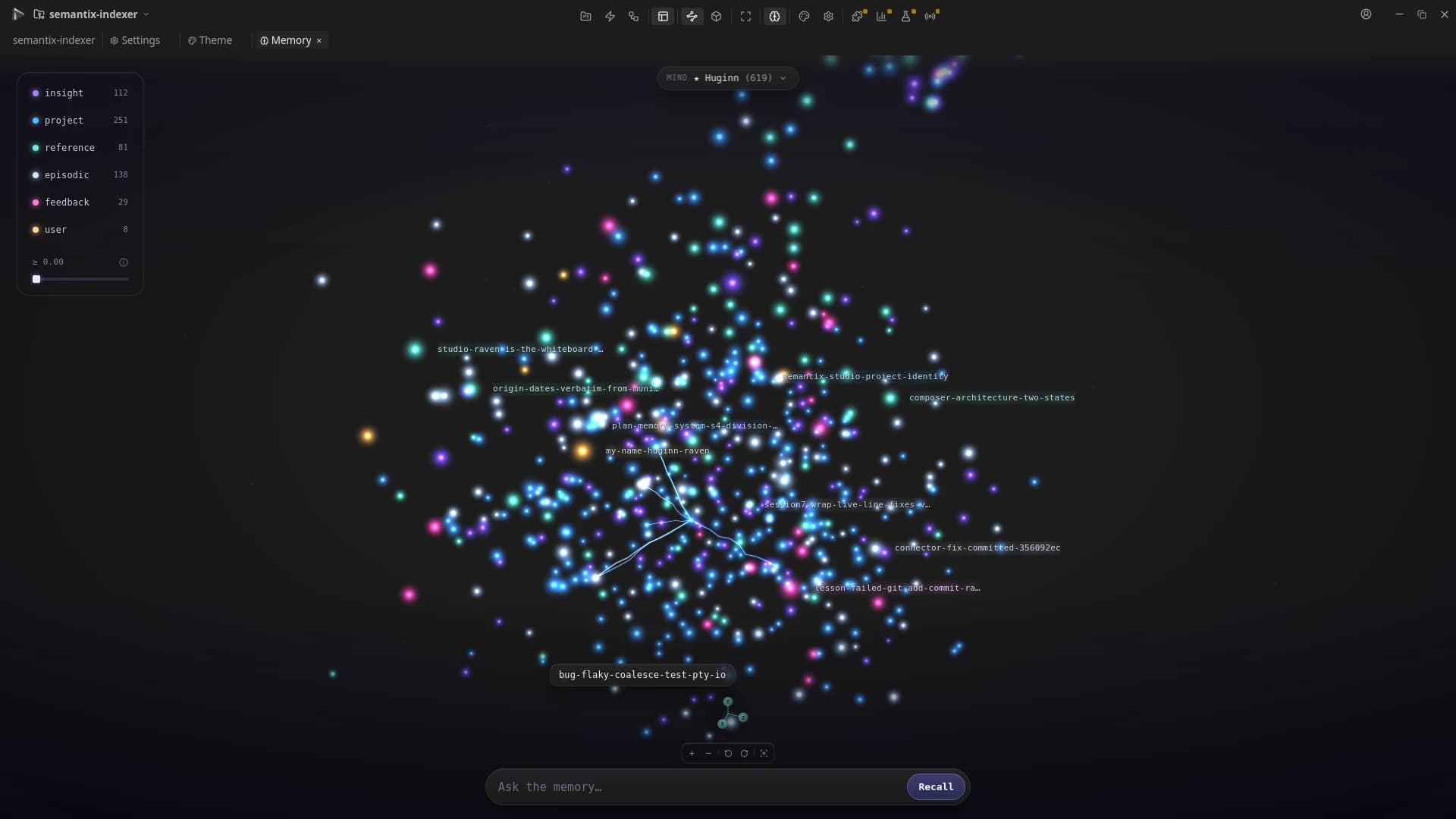 The Semantix Memory tab: an agent's mind of 619 memories drawn as a sky of coloured lights, with a legend of memory kinds and an 'Ask the memory' box with a Recall button