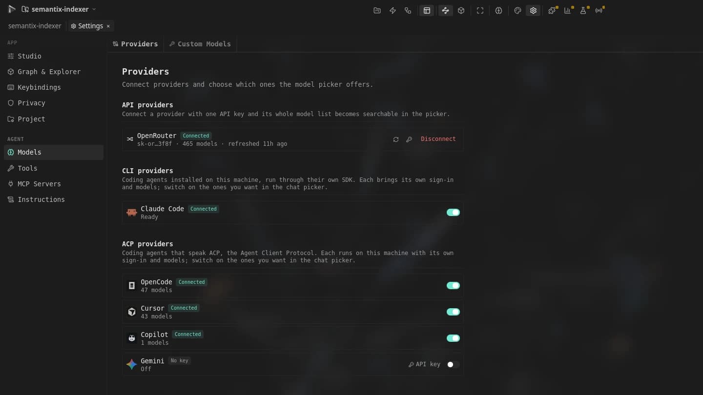 Semantix Studio Settings, Models › Providers: OpenRouter connected with one API key and 465 models, Claude Code as a CLI provider, and OpenCode, Cursor and Copilot connected as ACP agents